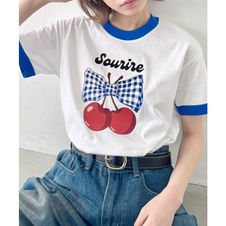 ブルー | チェリーリボン半袖リンガーTシャツ | Outfitter lab