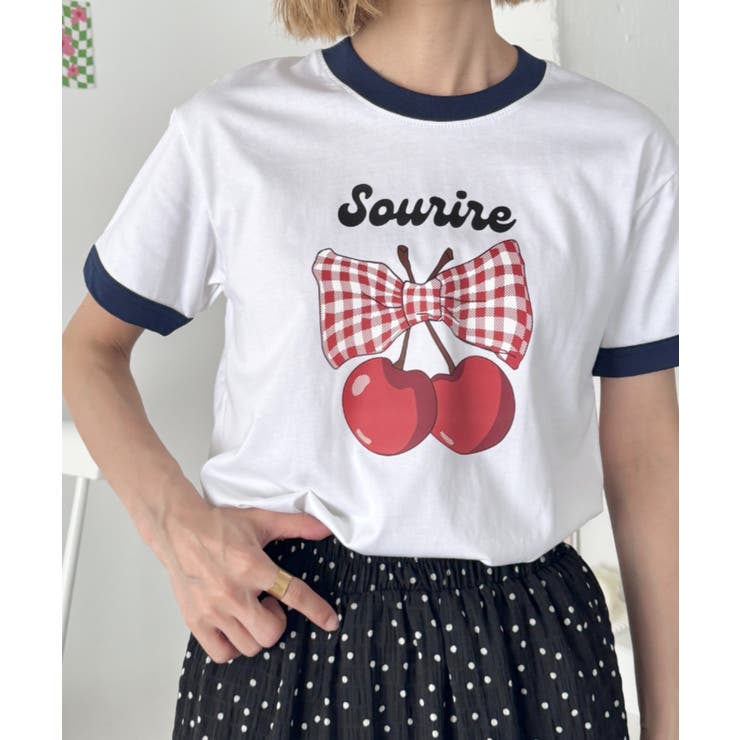 ネイビー | チェリーリボン半袖リンガーTシャツ | Outfitter lab