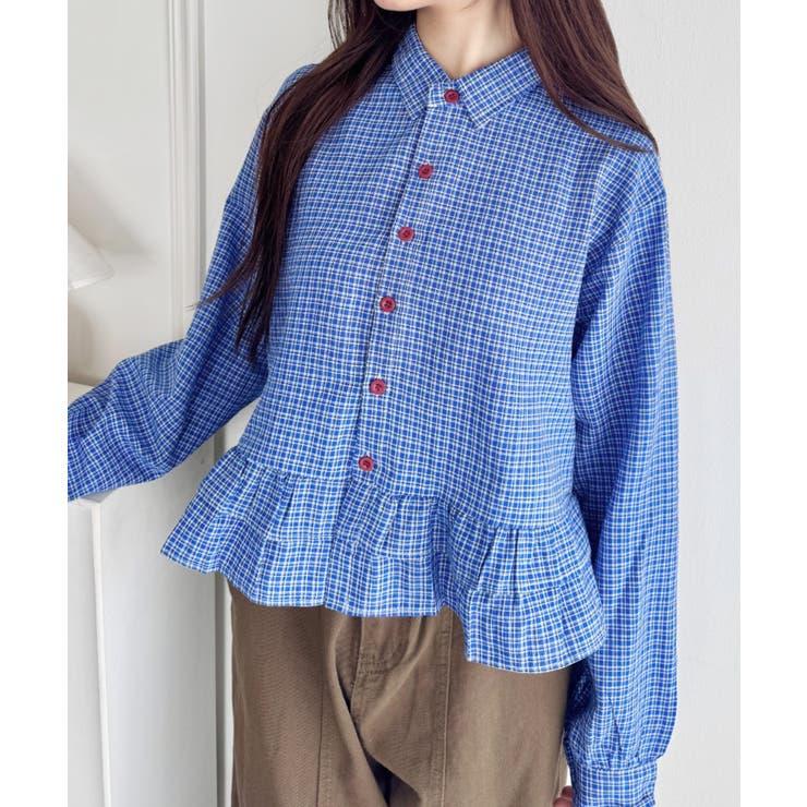 ブルー | 裾フリルチェックシャツ | Outfitter lab