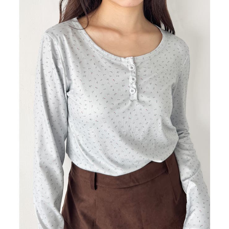 グレー | 小花柄ヘンリーネックリブトップス | Outfitter lab