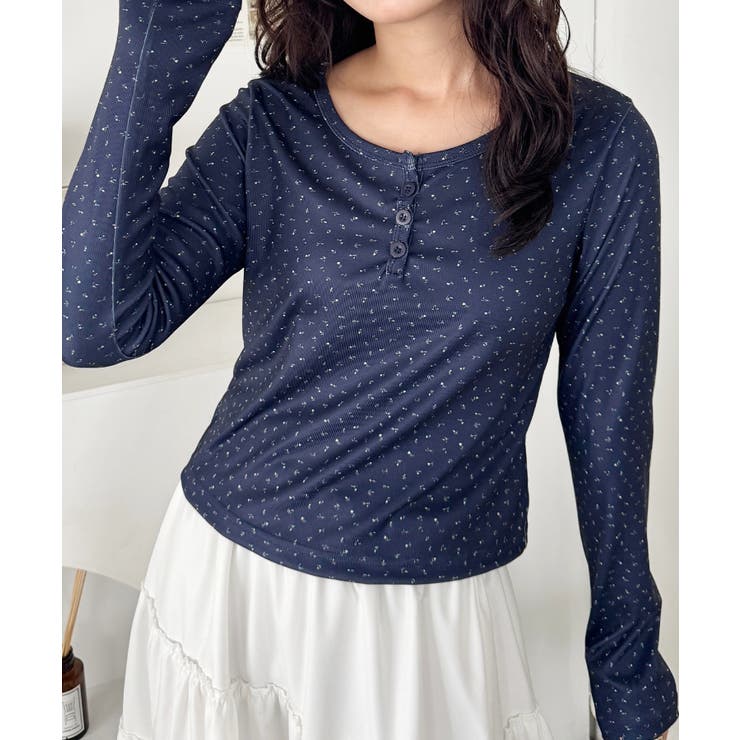 ネイビー | 小花柄ヘンリーネックリブトップス | Outfitter lab