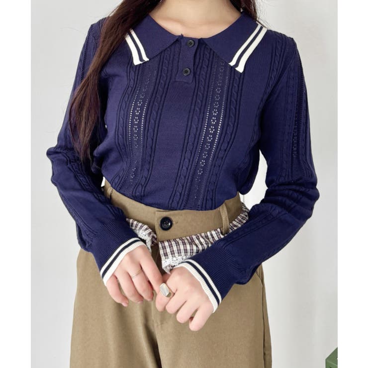 ネイビー | ライン長袖ポロシャツ | Outfitter lab