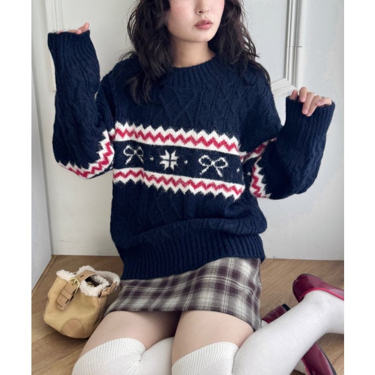 ネイビー | ノルディックリボンジャガードニットプルオーバー | Outfitter lab