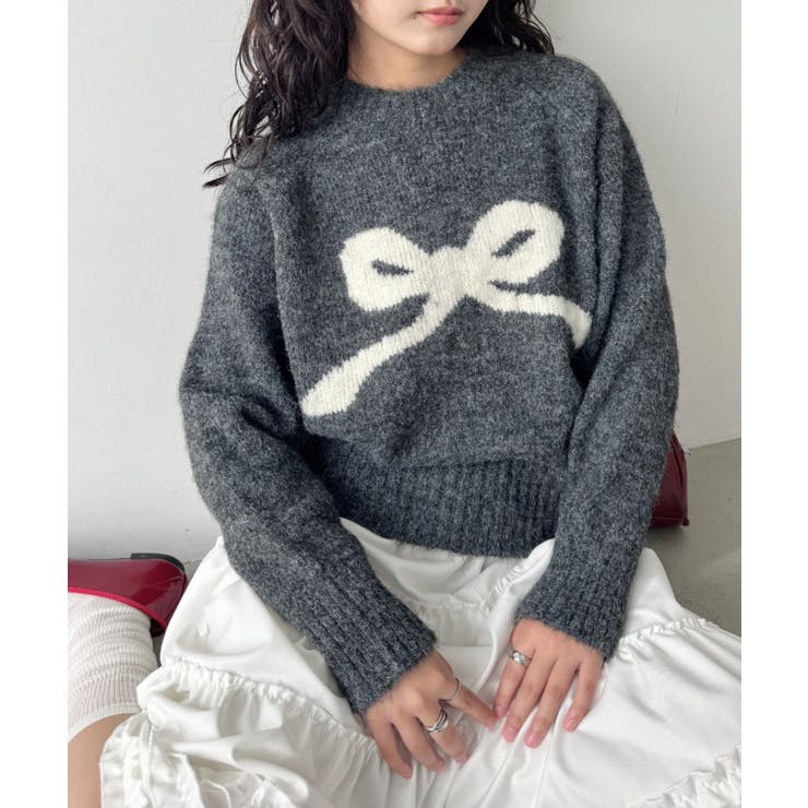 チャコールグレー | リボンモチーフニットプルオーバー | Outfitter lab