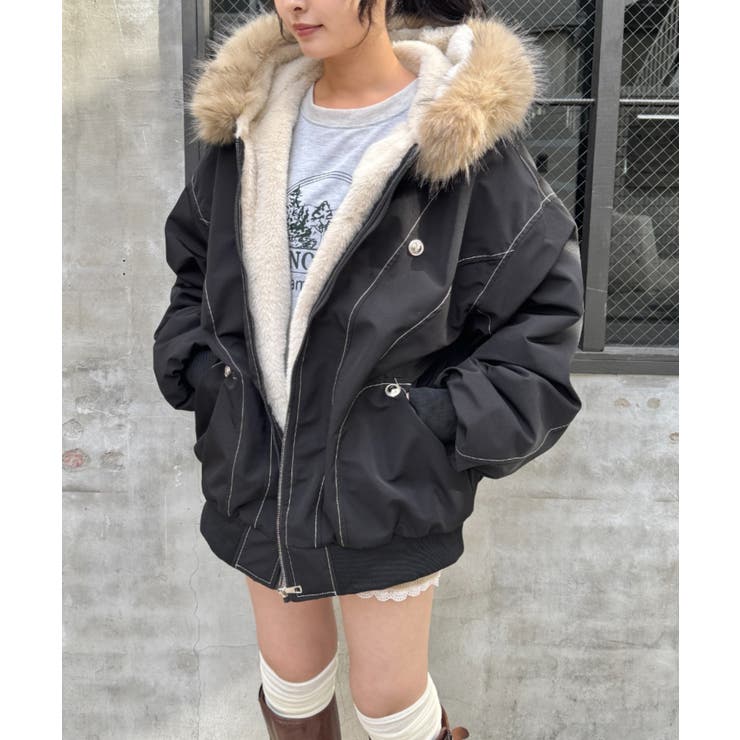 ブラック | 【取り外し可能】ファーフードステッチブルゾン | Outfitter lab