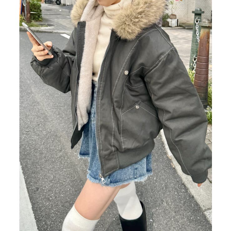 カーキ | 【取り外し可能】ファーフードステッチブルゾン | Outfitter lab