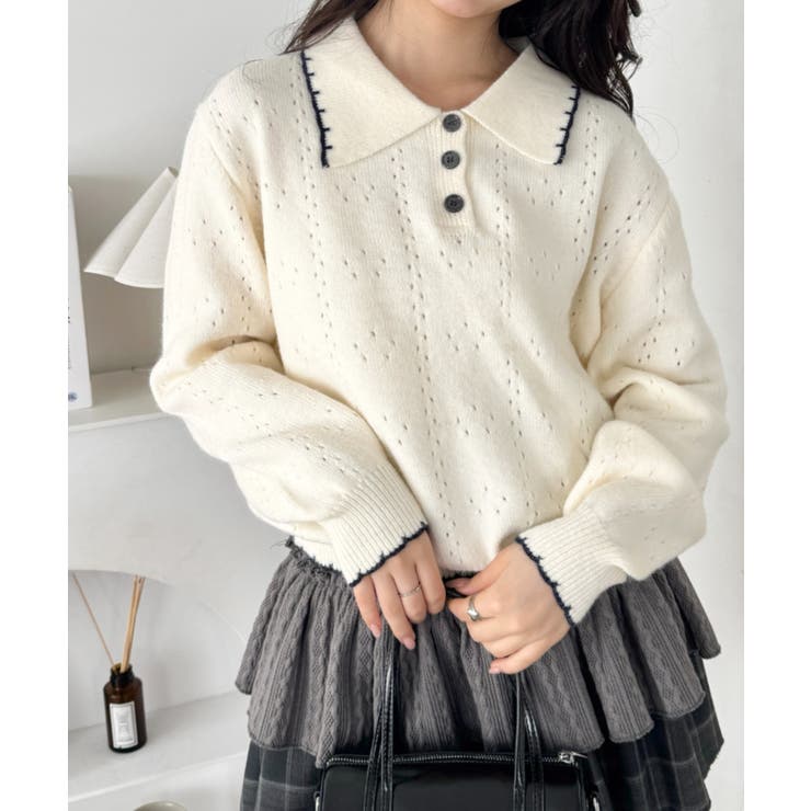 アイボリー | パイピングポロニットプルオーバー | Outfitter lab