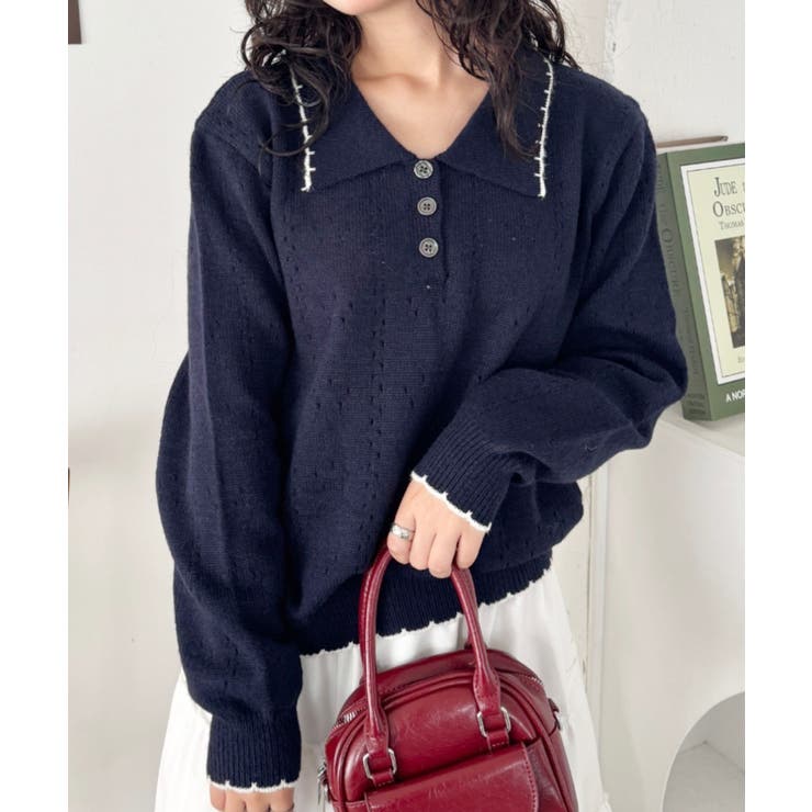 ネイビー | パイピングポロニットプルオーバー | Outfitter lab