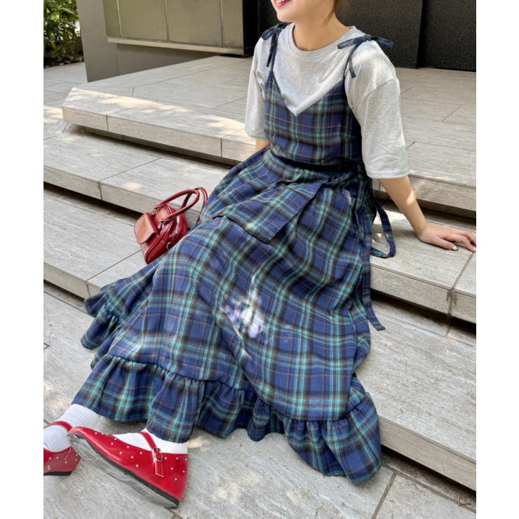 ネイビー | チェック柄フリルリボンキャミワンピース | Outfitter lab