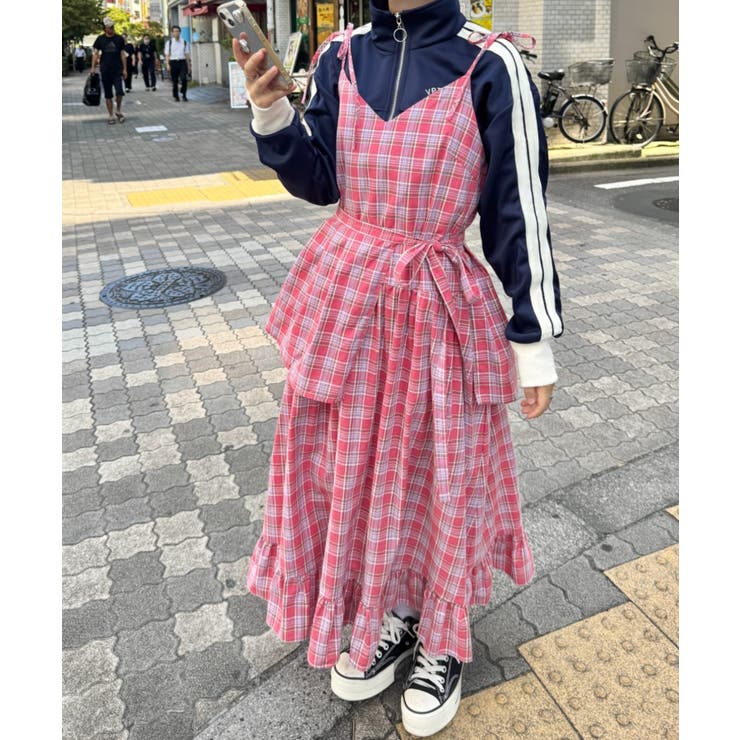 ピンク | チェック柄フリルリボンキャミワンピース | Outfitter lab