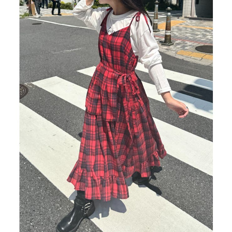 レッド | チェック柄フリルリボンキャミワンピース | Outfitter lab