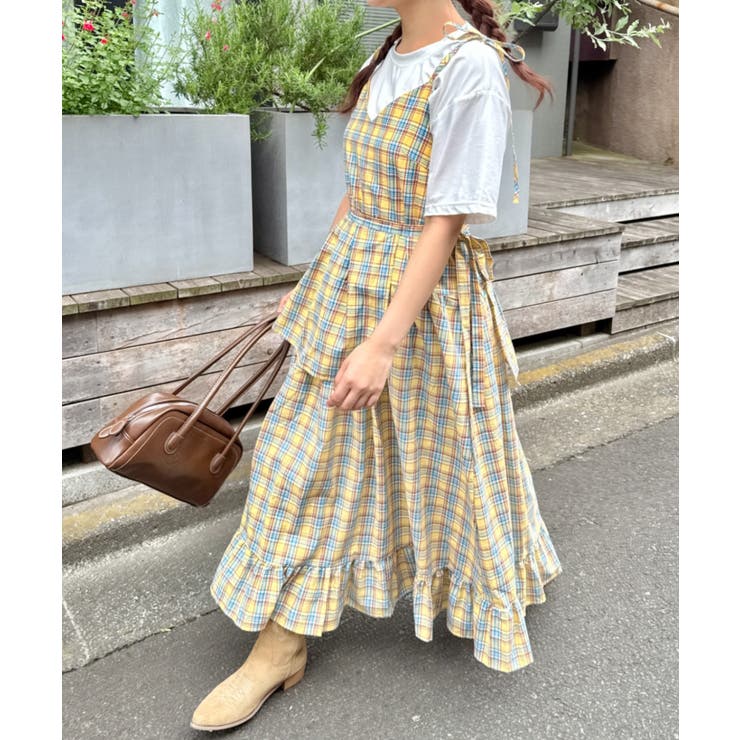 イエロー | チェック柄フリルリボンキャミワンピース | Outfitter lab