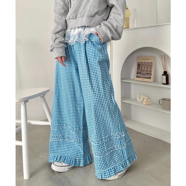 ブルー | ギンガムチェックフリフリパンツ | Outfitter lab