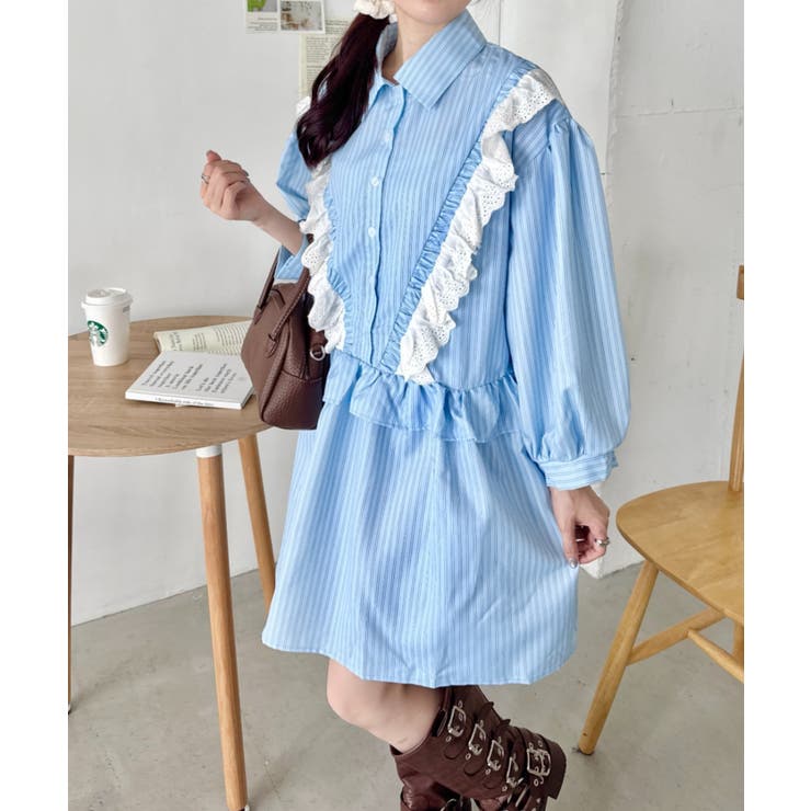 ライトブルー | フリルレースストライプミニワンピース | Outfitter lab