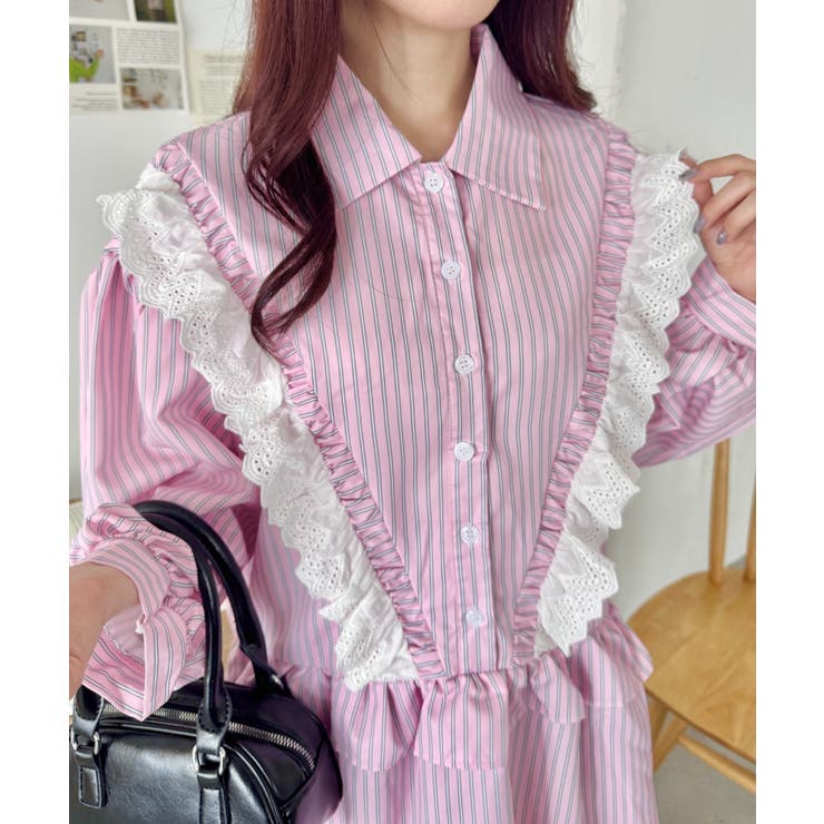 ピンク | フリルレースストライプミニワンピース | Outfitter lab