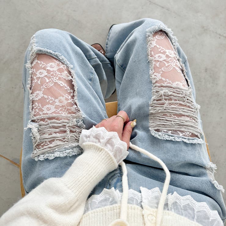 レースダメージデニムパンツ | Outfitter lab | 詳細画像9 