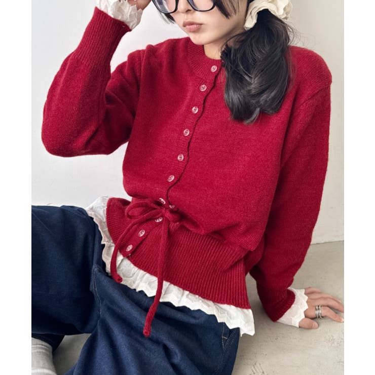 レッド | コットンレースリボンニットカーディガン | Outfitter lab