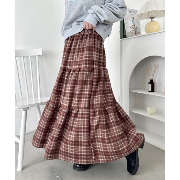 極美品★45rpm 薄手ウール　裾ティアードロングスカート　チェック　L〜LL 無地/チェック柄ティアードロングスカート[品番：OUTW0000343