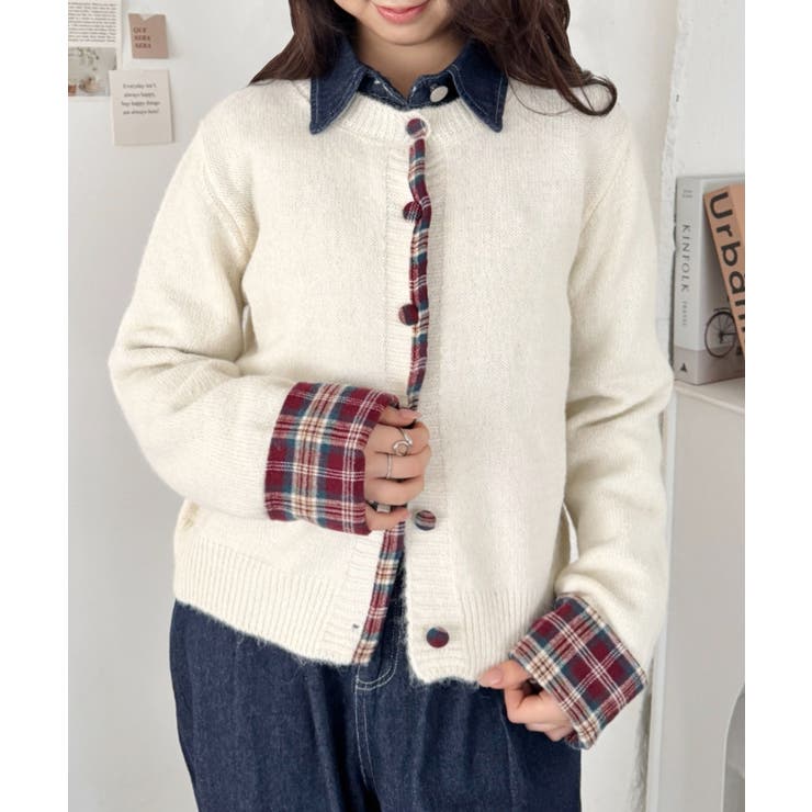 アイボリー | ネルチェックドッキングニットカーディガン | Outfitter lab