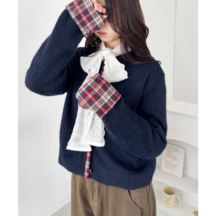 ネイビー | ネルチェックドッキングニットカーディガン | Outfitter lab