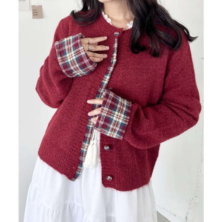 レッド | ネルチェックドッキングニットカーディガン | Outfitter lab