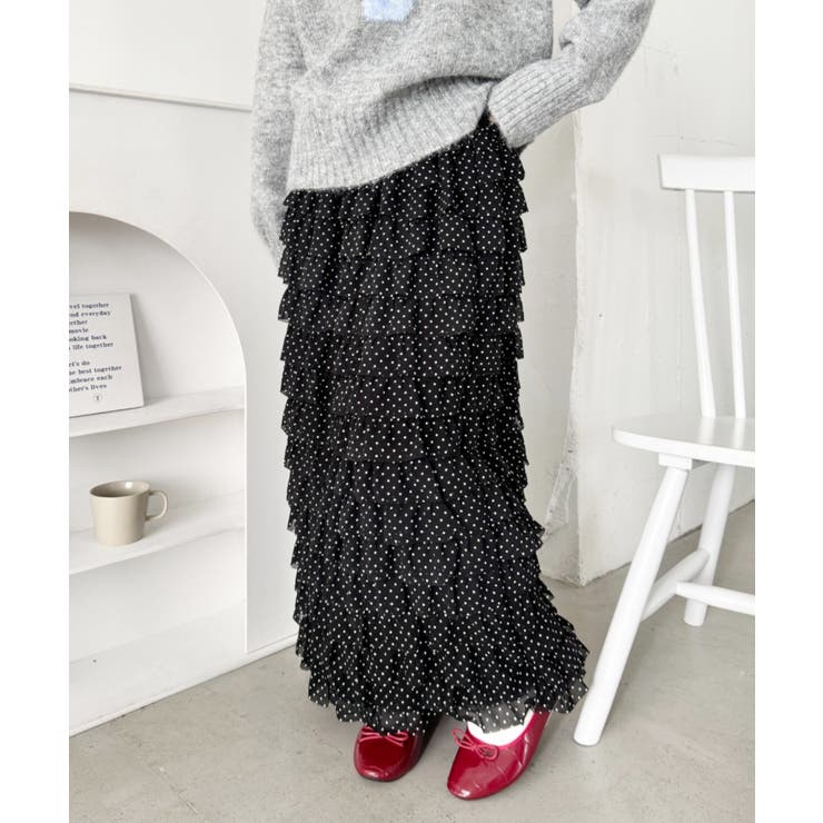ブラック | ドットフリフリボリュームロングスカート | Outfitter lab