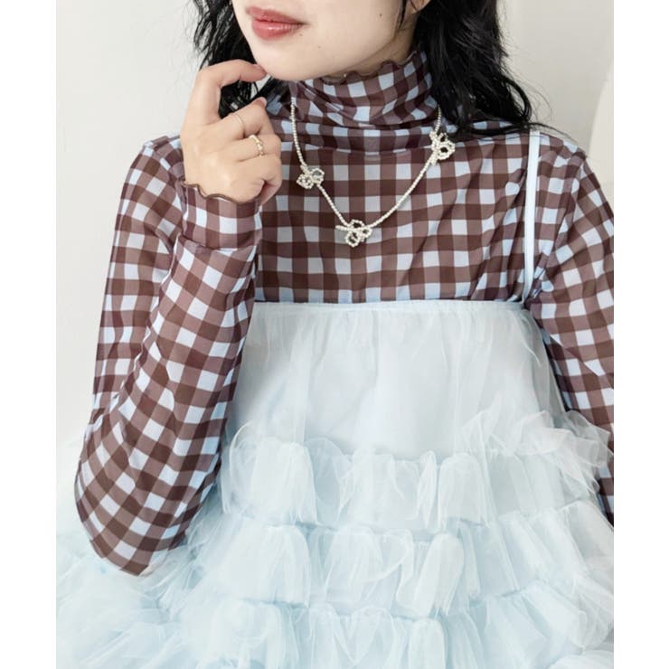 ブラウン | チェックシアーハイネックトップス | Outfitter lab