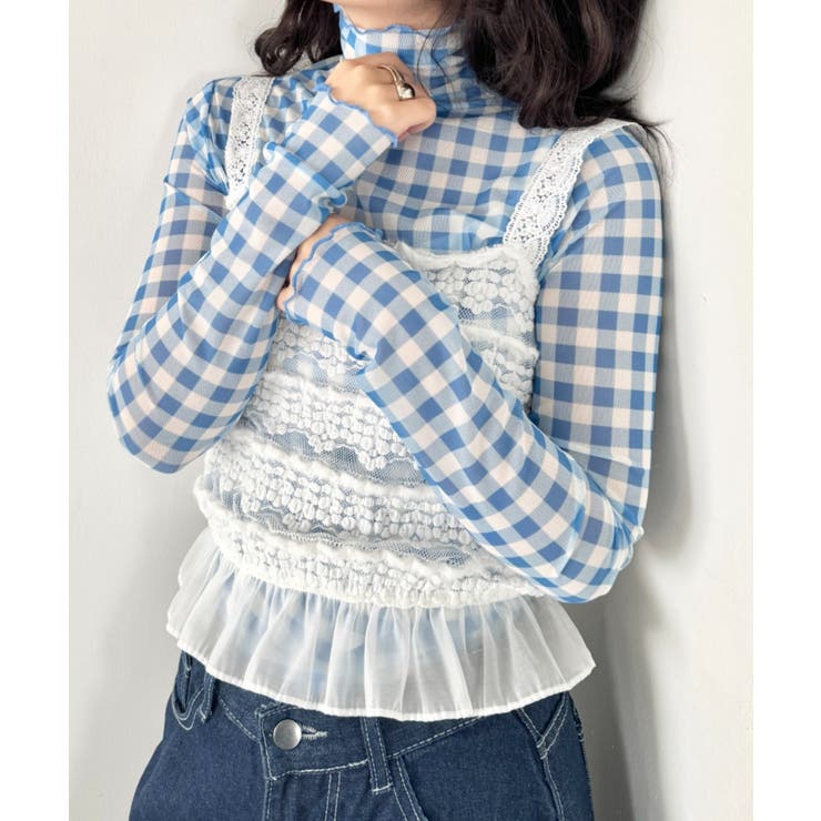 ライトブルー | ギンガムチェックシアーハイネックトップス | Outfitter lab