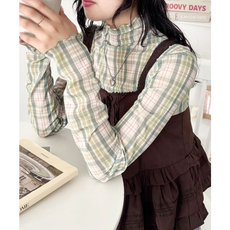 ライトグリーン | チェックシアーハイネックトップス | Outfitter lab