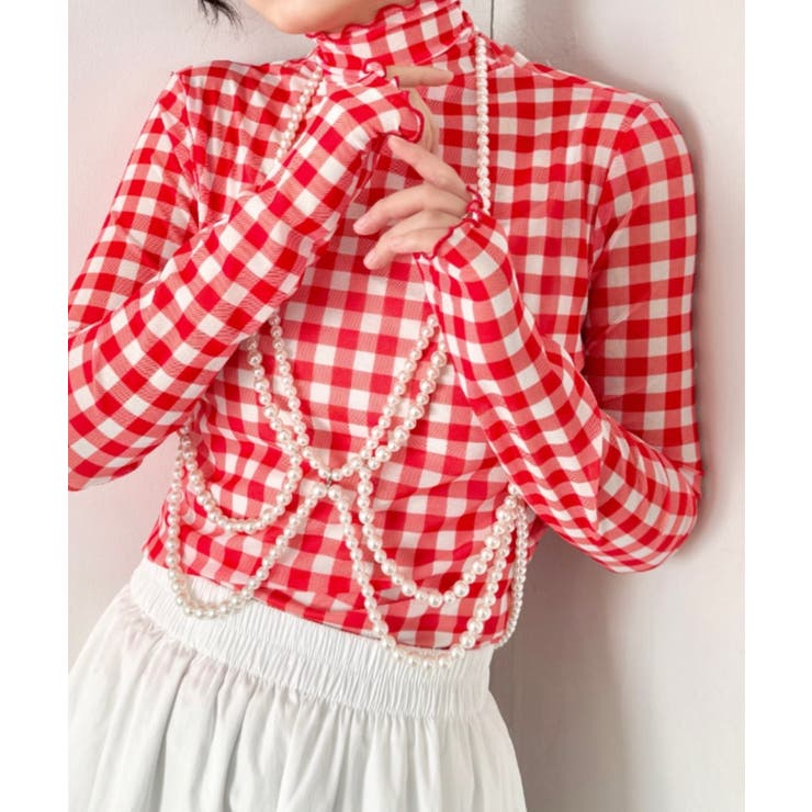 レッド | ギンガムチェックシアーハイネックトップス | Outfitter lab