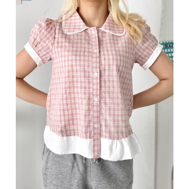 ピンク | パステルチェック半袖ブラウス | Outfitter lab