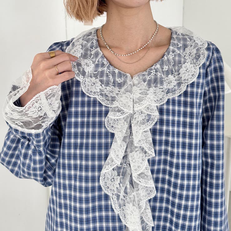 レースフリルレトロチェックブラウス | Outfitter lab | 詳細画像12 