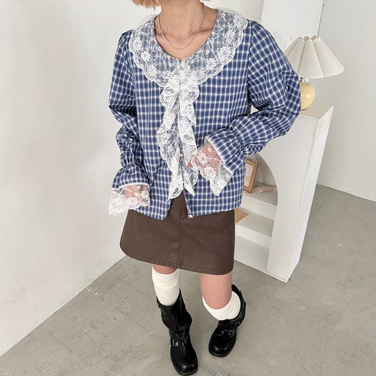 レースフリルレトロチェックブラウス | Outfitter lab | 詳細画像14 