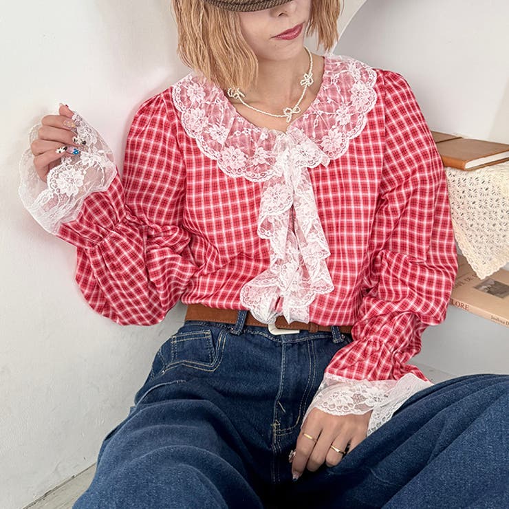 レースフリルレトロチェックブラウス | Outfitter lab | 詳細画像19 