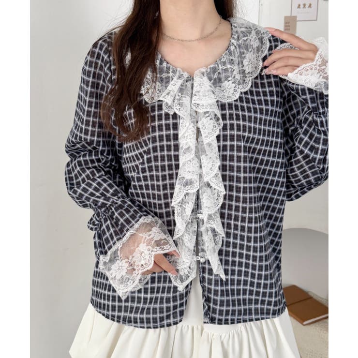 ブラック | レースフリルレトロチェックブラウス | Outfitter lab