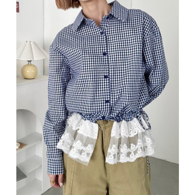 ネイビー | レースヘムチェックシャツ | Outfitter lab