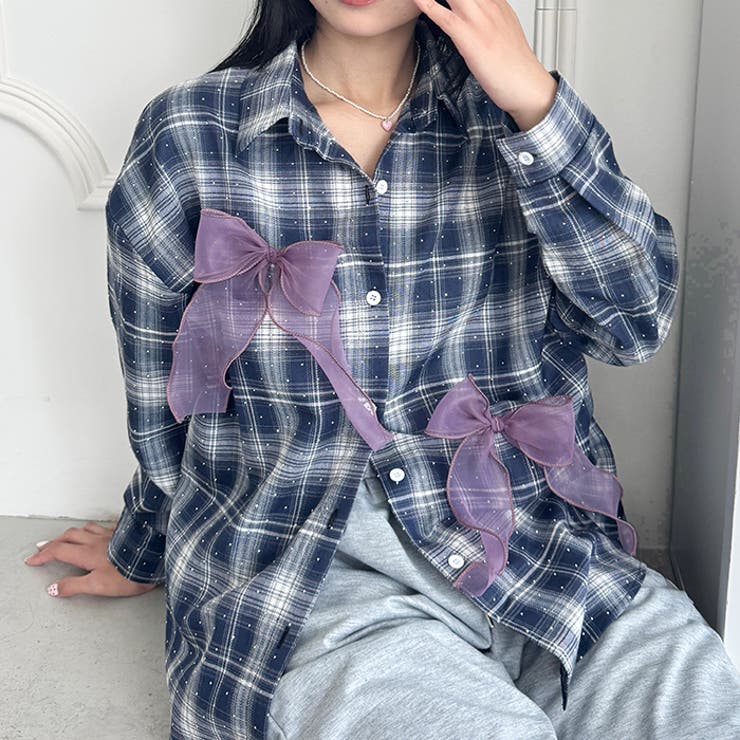 シアーリボンオーバーチェックシャツ | Outfitter lab | 詳細画像17 