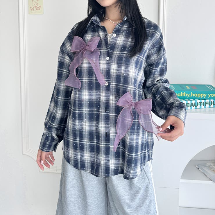 シアーリボンオーバーチェックシャツ | Outfitter lab | 詳細画像19 