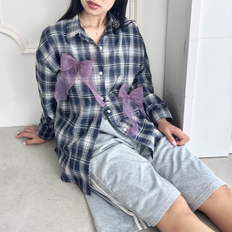 シアーリボンオーバーチェックシャツ | Outfitter lab | 詳細画像21 