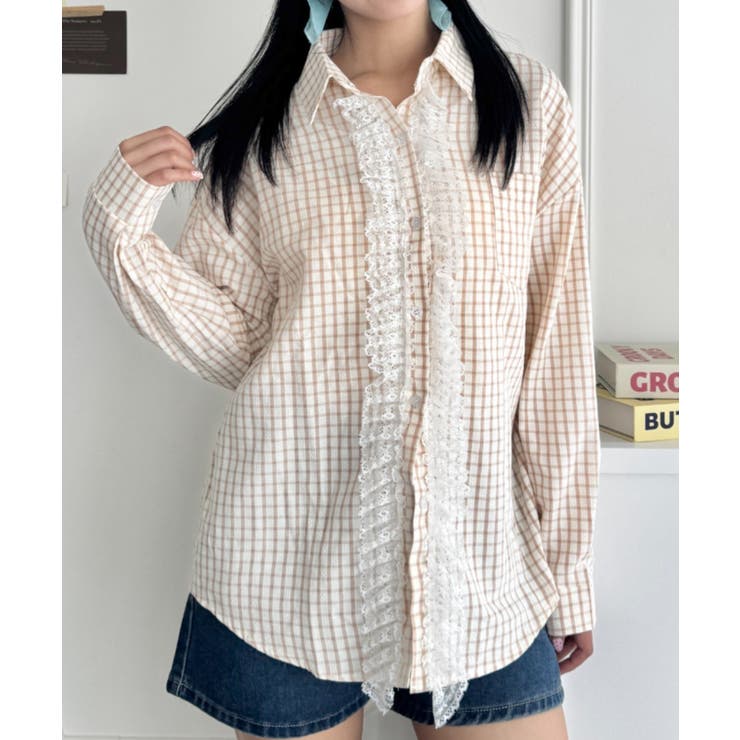 ベージュ | レースフリルオーバーチェックシャツ | Outfitter lab
