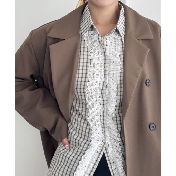 ブラック | レースフリルオーバーチェックシャツ | Outfitter lab