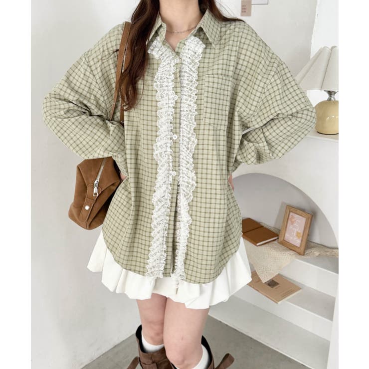 ライトグリーン | レースフリルオーバーチェックシャツ | Outfitter lab