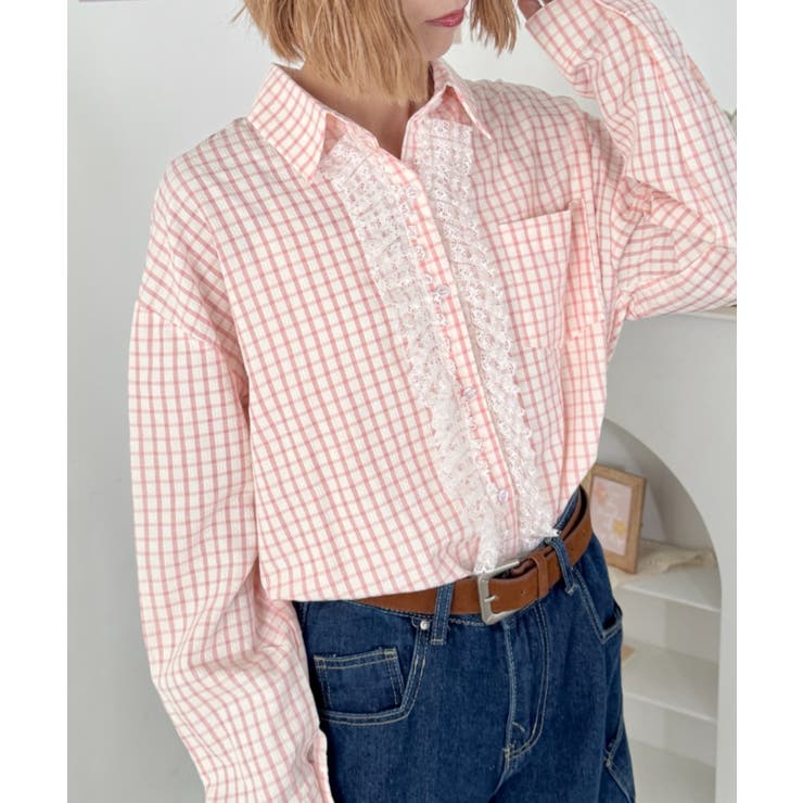 ピンク | レースフリルオーバーチェックシャツ | Outfitter lab