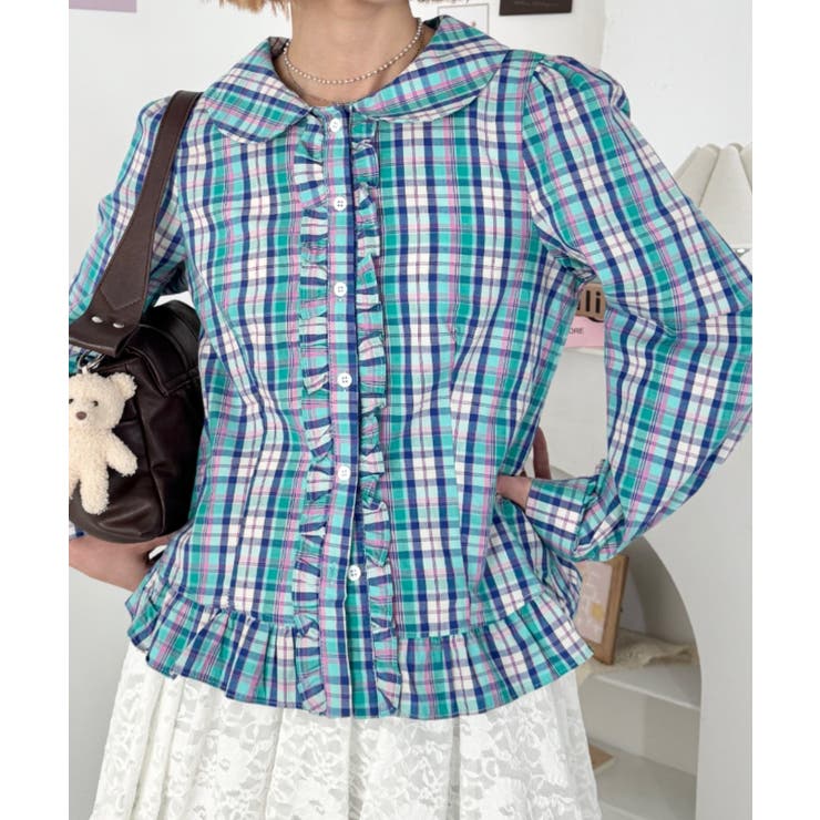 グリーン | ロマンティックフリルチェックシャツ | Outfitter lab