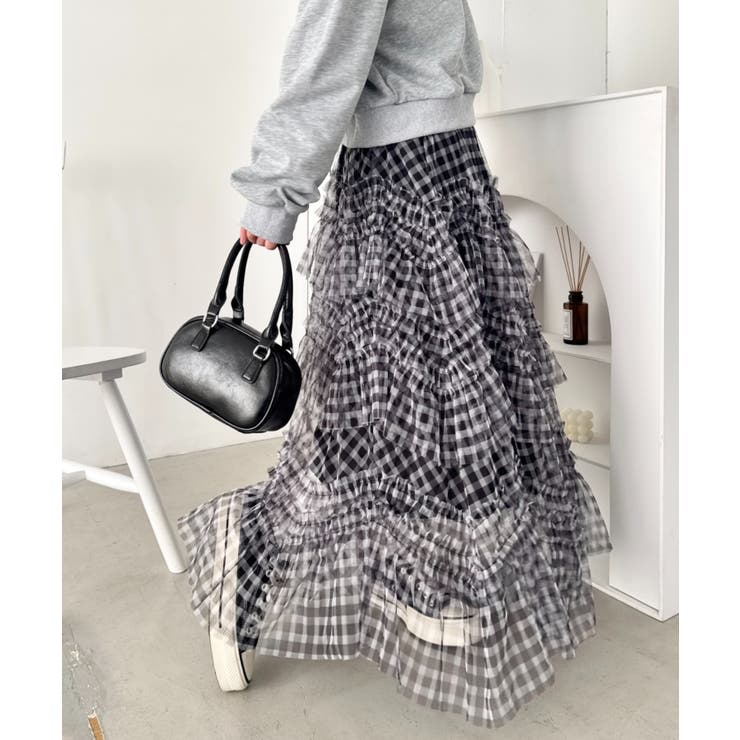ブラック | ギンガムチェックボリュームフリルチュールスカート | Outfitter lab