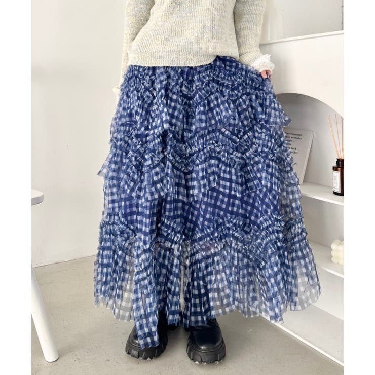 ブルー | ギンガムチェックボリュームフリルチュールスカート | Outfitter lab