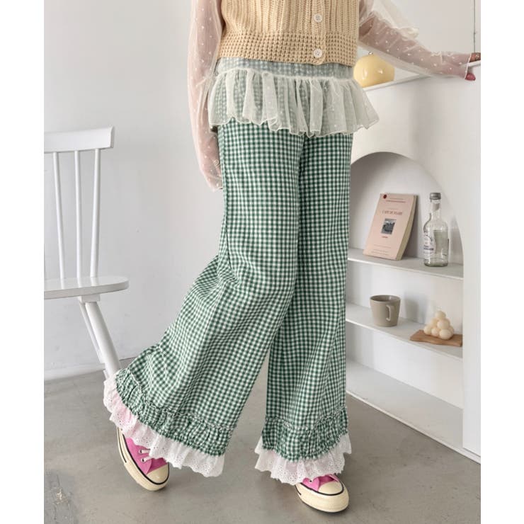 グリーン | コットンフリルギンガムチェックパンツ | Outfitter lab