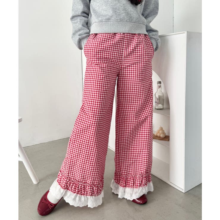 レッド | コットンフリルギンガムチェックパンツ | Outfitter lab