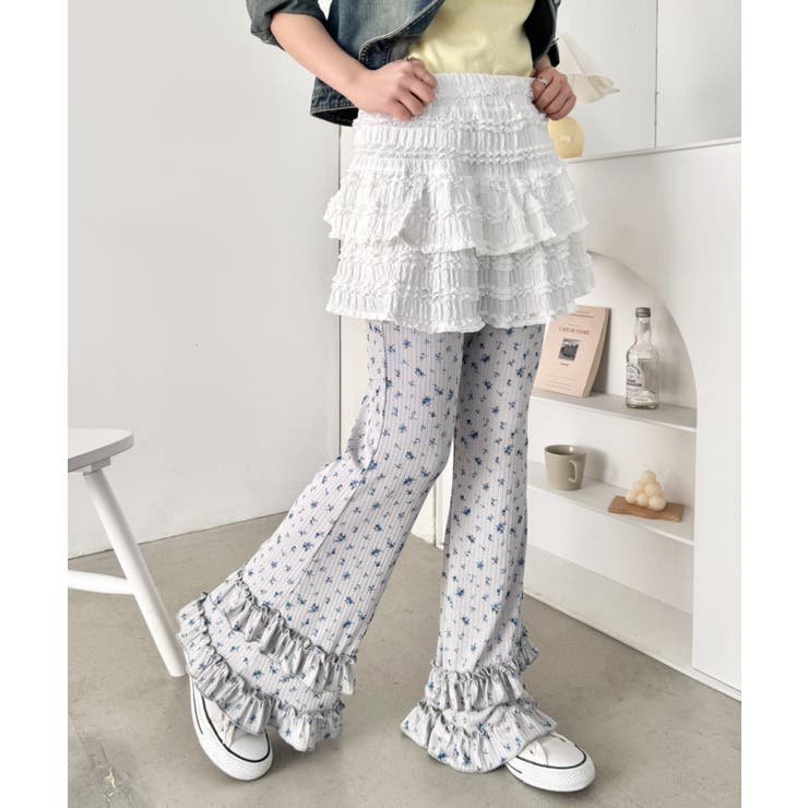 グレー | ダブルフリル花柄フレアパンツ | Outfitter lab