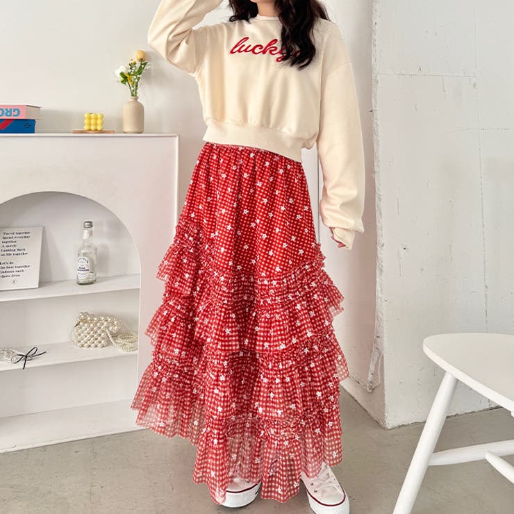 チェックフラワーフリルチュールロングスカート | Outfitter lab | 詳細画像21 